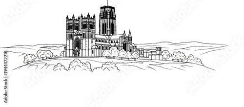 A grand cathedral with multiple towers sits atop a rolling, tree-lined hill