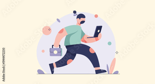 A man in motion with a laptop and briefcase, abstract shapes