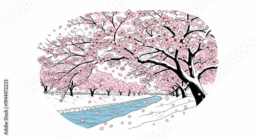A picturesque scene of a river lined with blooming cherry trees