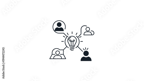 Central light bulb connected to different people icons symbolizing collaborative ideas, team brainstorming, and innovative business solutions.