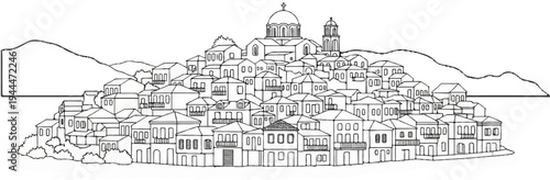 A picturesque sketch of a densely packed coastal town with hills