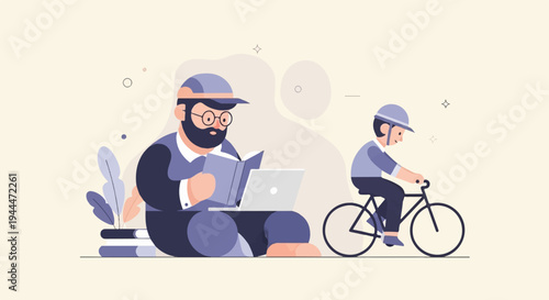 A man reads a book with a laptop while a boy rides a bicycle