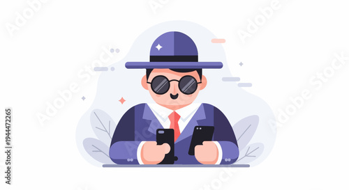 A cartoon man in a suit and hat holds two phones, appearing busy