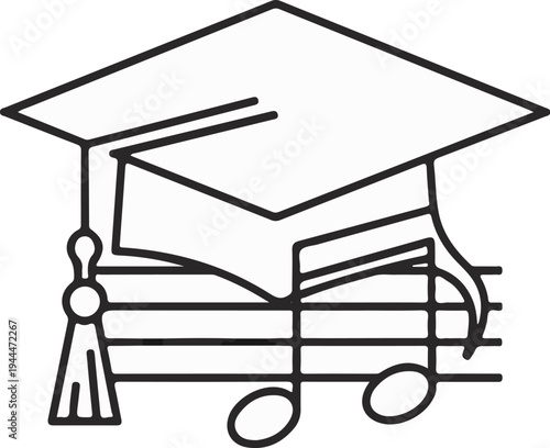 A graduation cap rests on a musical staff with two notes