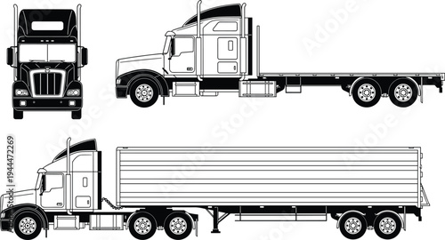 semi truck vector illustration set, cargo transport truck collection, heavy duty trailer truck outline, logistics freight vehicle design, commercial delivery transport vehicle