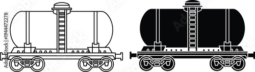 railway tanker wagon vector illustration, freight train oil tank car outline and silhouette set, industrial rail transport cargo vehicle design