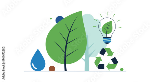 Eco-Friendly Sustainable Environment Concept with Green Energy, Water Conservation, and Recycling Icons