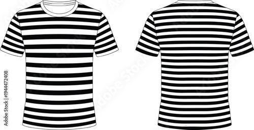 striped t shirt template vector, black white stripe tshirt mockup, front and back apparel design, casual clothing garment illustration