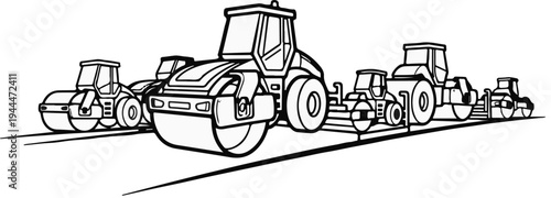 Multiple heavy-duty steamrollers lined up on a road surface
