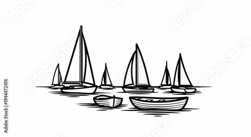 Multiple sailboats and rowboats depicted in a simple black and white line art style