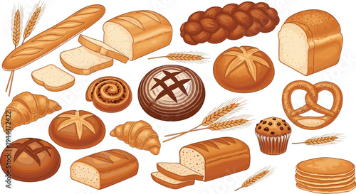 Bakery bread and pastry collection illustration, assorted baked goods with croissant pretzel loaf muffin and wheat, fresh bakery products set, food vector