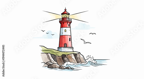 A cartoon lighthouse stands on a rocky shore with waves crashing