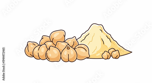 A pile of light brown chickpeas next to a mound of yellow powder