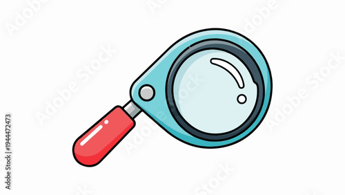 A cartoon magnifying glass with a red handle and a blue rim