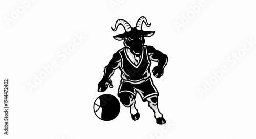 Muscular black goat character in basketball uniform dribbling a ball
