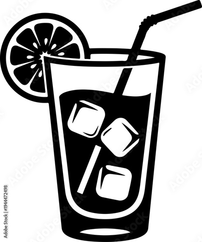 Iced drink with lemon slice silhouette vector illustration