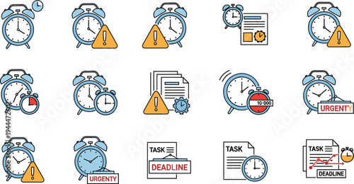 Time management icon set featuring alarm clocks with urgency signs, deadline task lists, warning alerts, and productivity symbols in a clean line-art style.