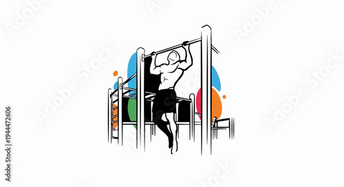 Muscular man doing pull-ups on outdoor gym equipment