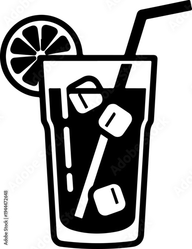 Iced drink with lemon slice silhouette vector illustration