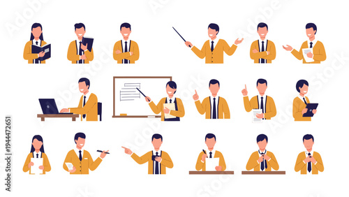 Diverse Presentation Positions: A collection of business presentation positions are displayed on white, presenting diverse professionals in varied work scenarios.