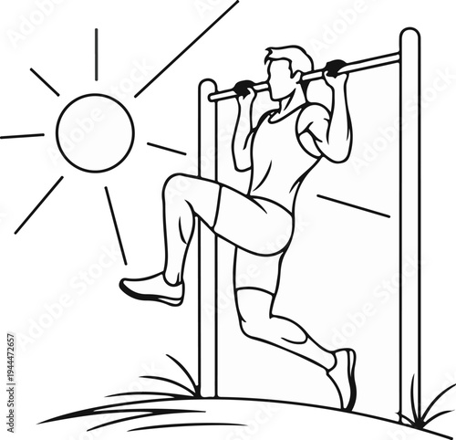Muscular man performing pull-ups on an outdoor bar under the sun