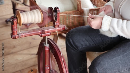 A woman's hands spin yarn from wool