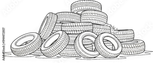 A pile of used car tires, some on their sides, others stacked high