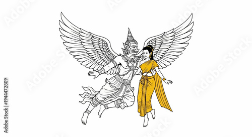 Mythical winged creature embraces woman in traditional yellow attire