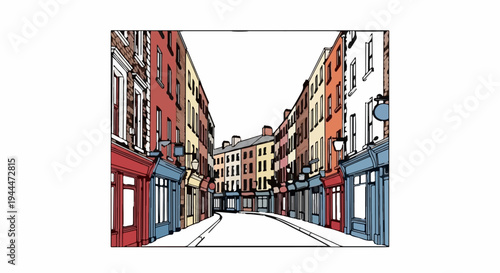 Narrow street lined with colorful shops, perspective drawing