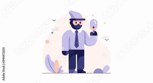 A masked figure in a suit holds a microphone, with abstract shapes and birds