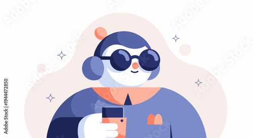 A cartoon character with sunglasses and headphones holds a drink