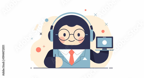 A cartoon character with headphones and glasses holds a laptop and wears a suit