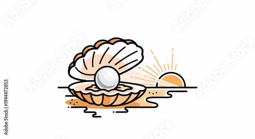 A pearl sits in an open shell on a beach at sunrise