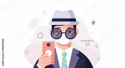A masked person in a hat, glasses, and suit holds a phone