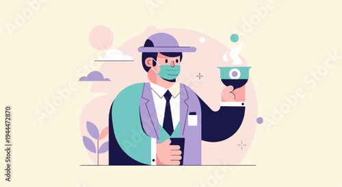 A masked person in a suit holds a cup of steaming beverage and a phone