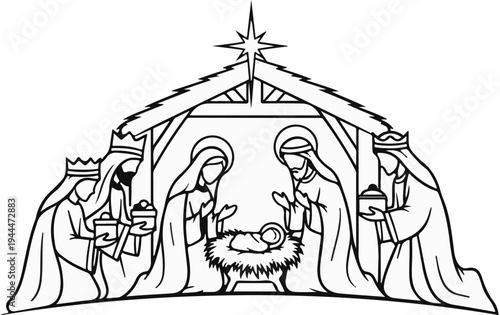 Nativity scene with a star, central baby, figures, and gifts