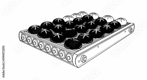 Many dark and light colored round shaped breads on a conveyor belt