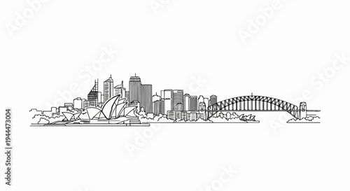 Panoramic line art sketch of a famous city skyline with unique buildings and a large bridge