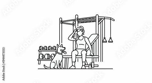 A person and a dog rest after a workout at a gym