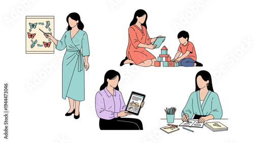 Daycare Delight: A snapshot into the world of education, depicting various activities. A teacher guides through the joys of learning, nurturing young minds through engaging tasks.