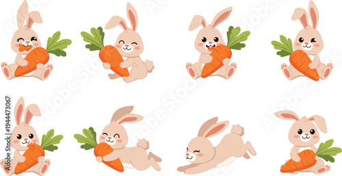 Collection of eight cartoon bunny illustrations holding carrots in playful poses for Easter, children’s educational and decorative vector design projects