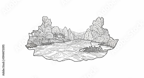 A pencil sketch of a turbulent river flowing past a home and trees
