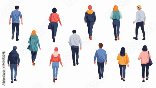 A diverse group of people walking away from the camera in casual attire