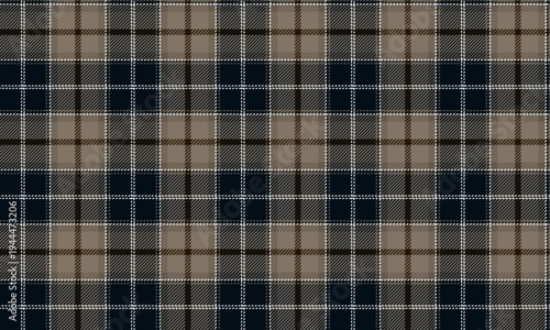 Seamless plaid fabric in brown, navy, and white. Classic style, suitable for textiles, clothing, skirts, dresses, and fashion projects requiring a sophisticated, elegant, and modern look.