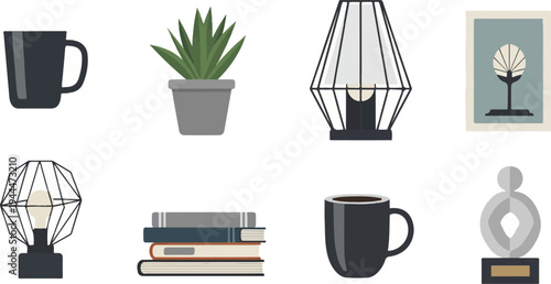 A collection of home decor items including mugs, lamps, and books