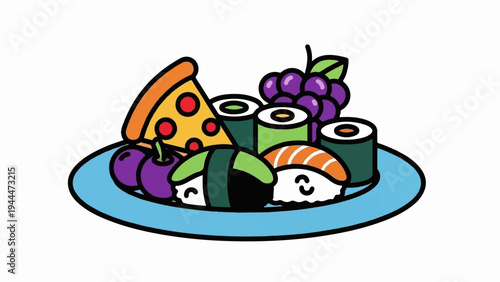 A plate of colorful cartoon pizza, sushi, grapes, and cherries