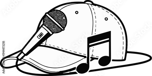 A microphone and musical notes adorn a baseball cap, symbolizing music