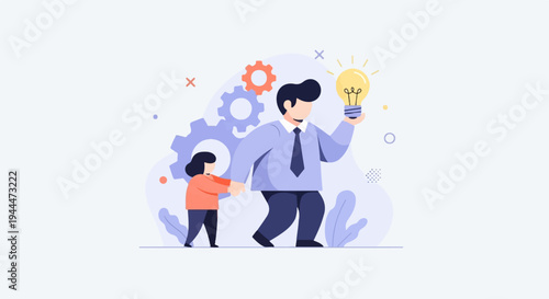 A person guiding another, holding a lit idea bulb, with gears in background