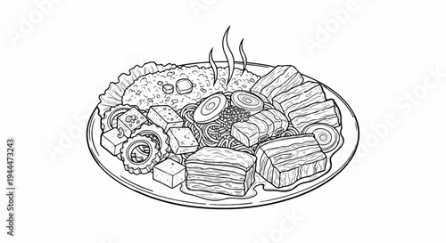 A meticulously drawn black and white illustration of a steaming, multi-component dish on a plate