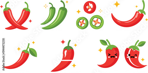 Red and green chili peppers set with spicy hot pepper cartoon vegetable vector illustration